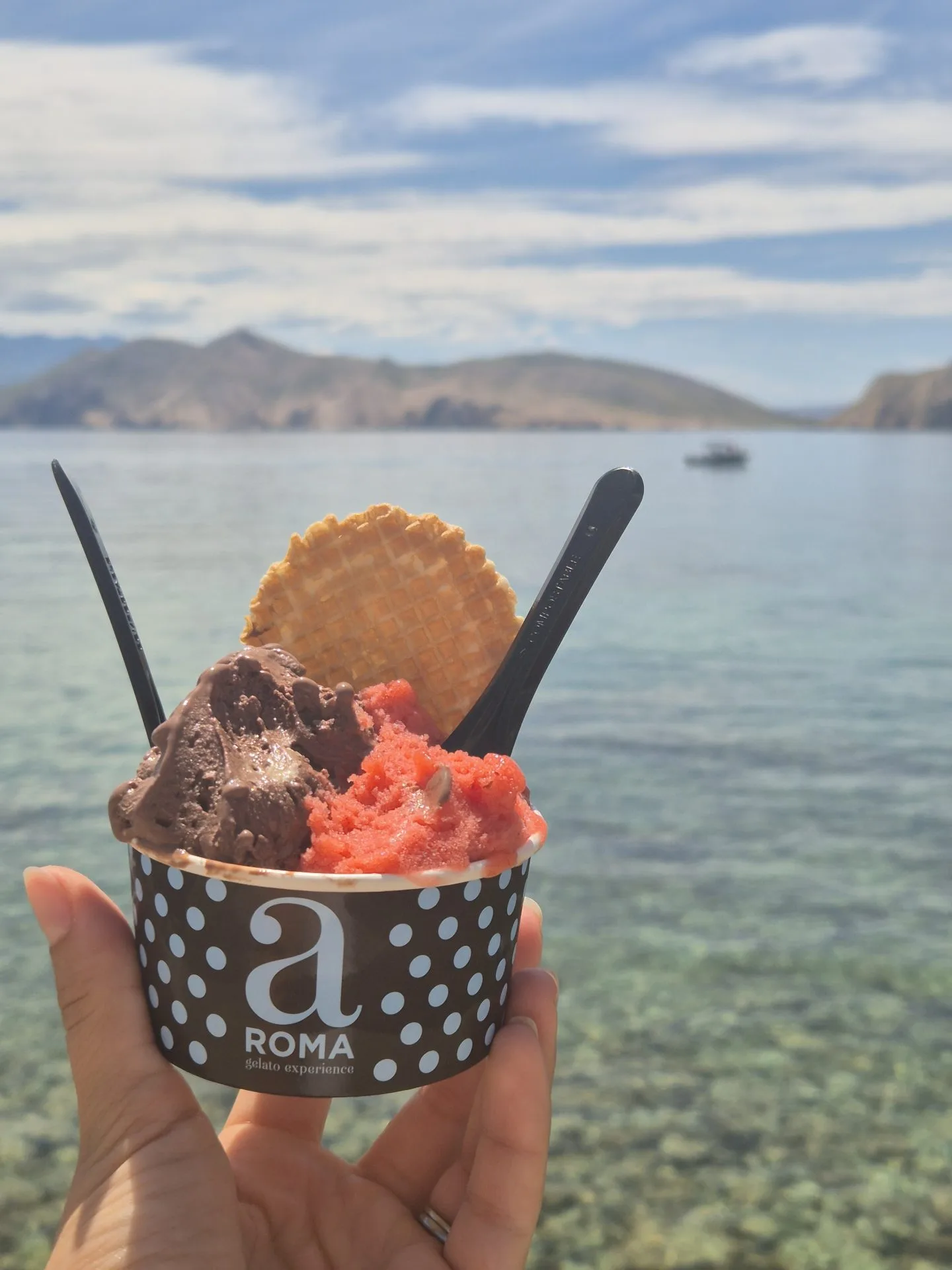 Gelato with Baška bay view — the most beloved beach town on Krk
