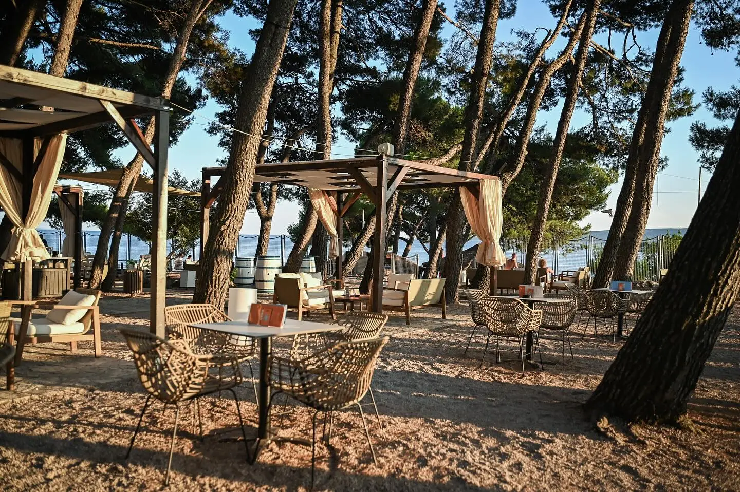 Punta di Galetto — Terrasse unter Pinien am Wasser, Stadt Krk, Kroatien