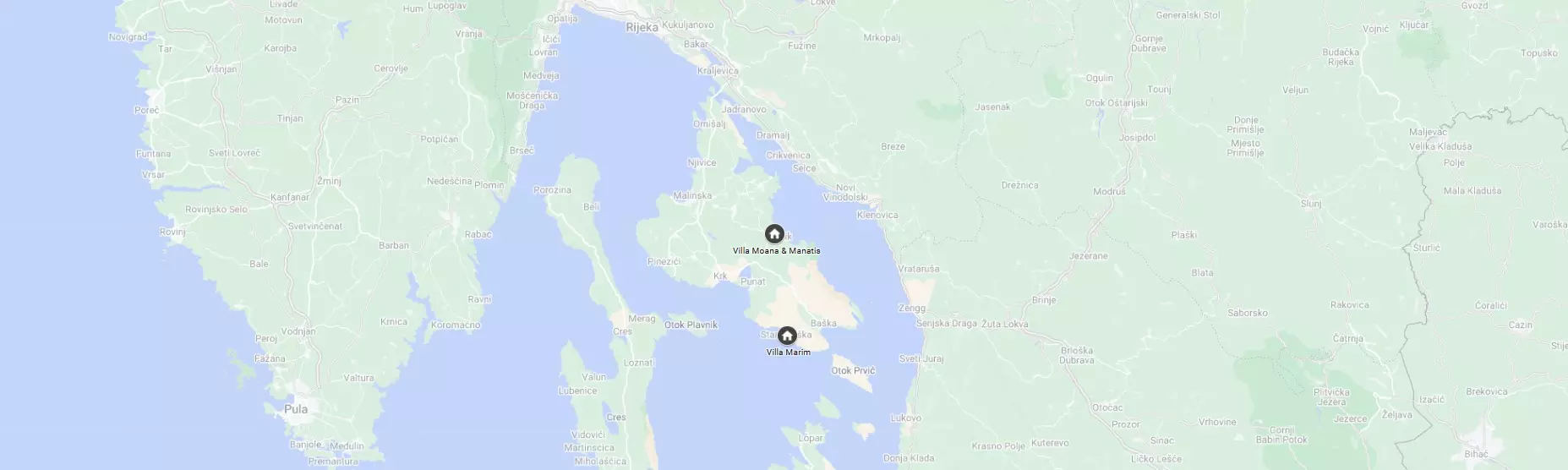 Map showing Villa Marim, Villa Manatis and Villa Moana locations on Krk island